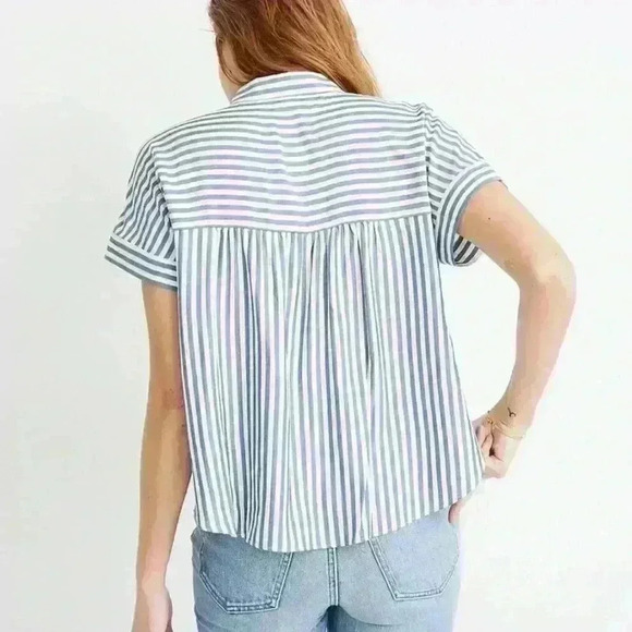 Madewell Hilltop Crop in Savin Stripe Blue and White Button Up Flowy Size XXS - Picture 2 of 12
